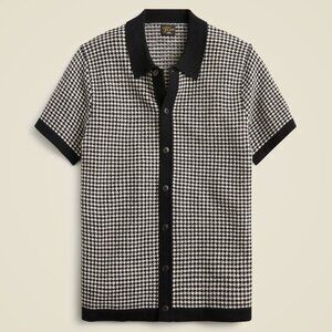 J Crew Cashmere Polo Mens Large Houndstooth Navy Blue Short Sleeve Shirt Sweater